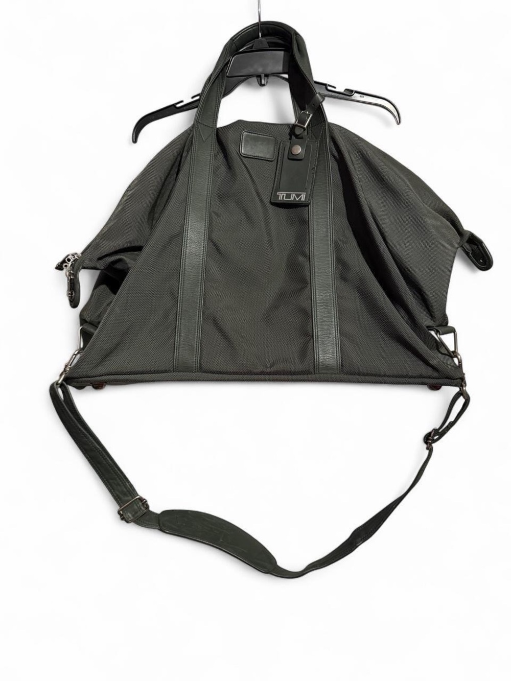 Tumi green Nylon Travel Duffel Weekender Bag with Leather Trim and ID Tag